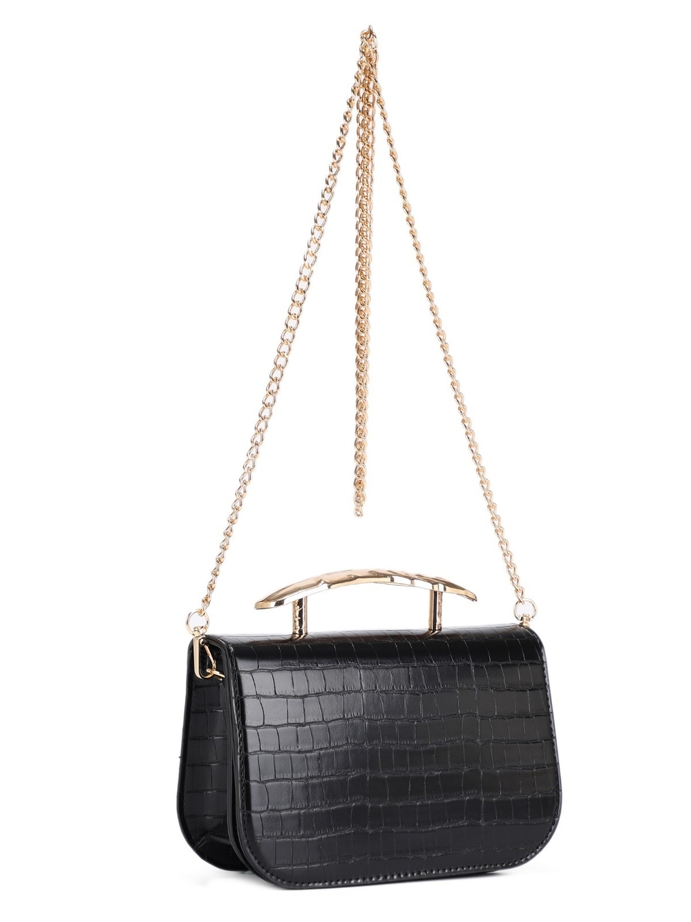 Black Croc-Embossed Chain Shoulder Bag